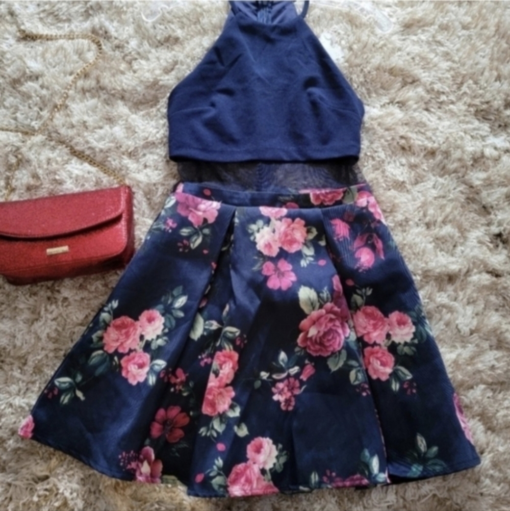 B Darlin Navy and Pink Floral Dress